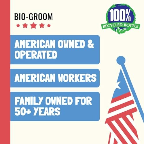 Bio-Groom brand message highlighting American ownership and recycled bottle use.