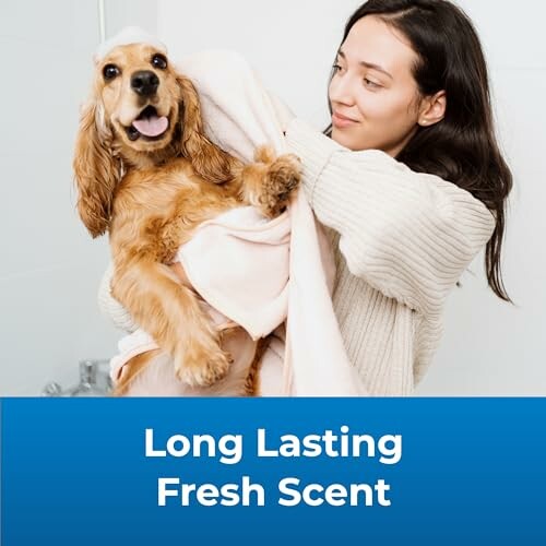 Woman drying a happy dog with a towel, advertisement for long lasting fresh scent.