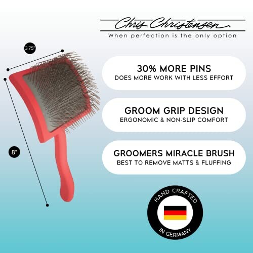 Chris Christensen dog grooming brush with ergonomic design and extra pins for easy fluffing.