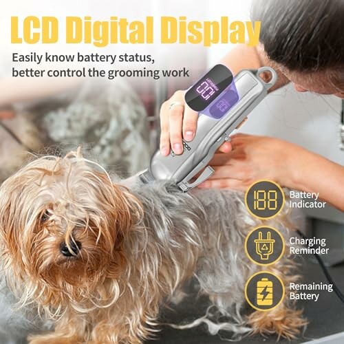 Person grooming a dog with a digital clipper showing battery status.