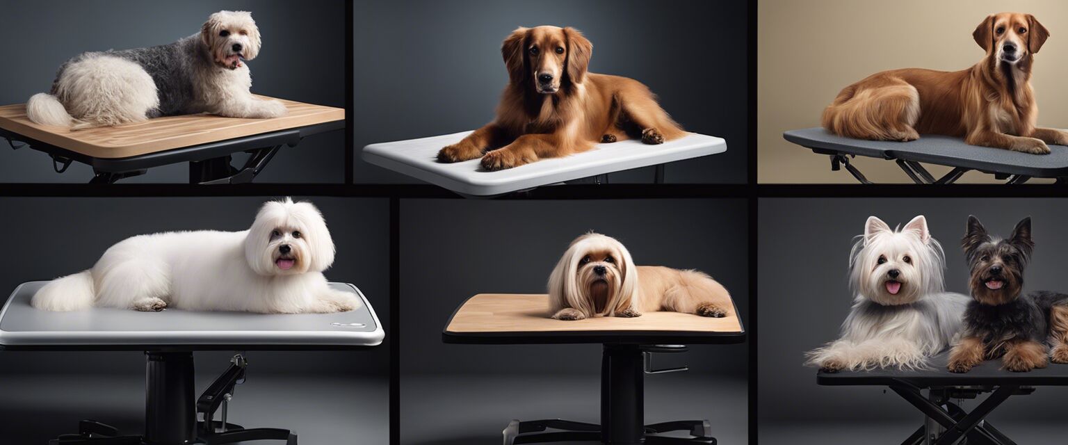 Various types of dog grooming tables