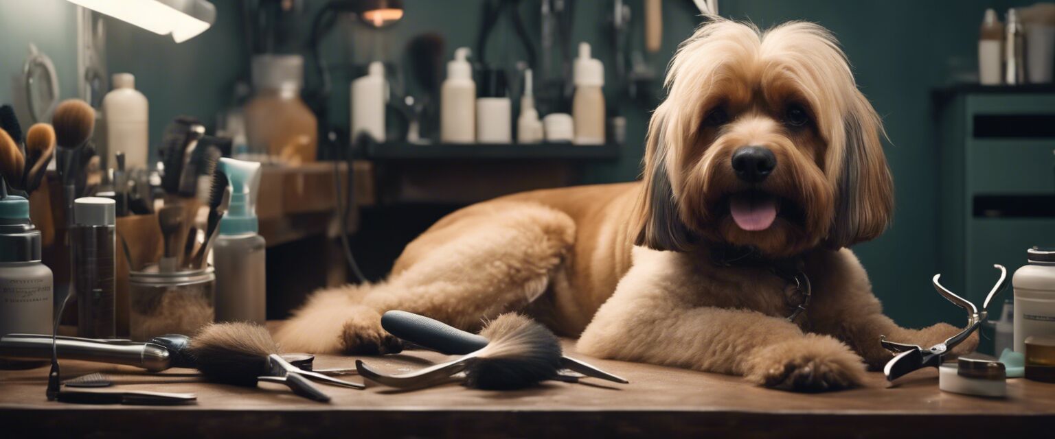 Dog being groomed on a grooming table