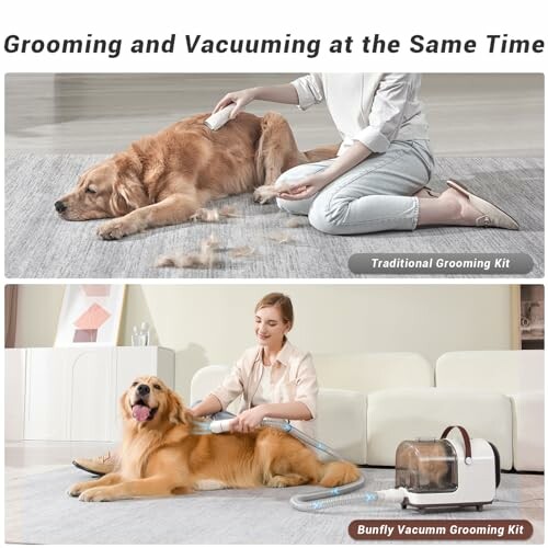 Comparison of traditional grooming kit and Bunfly vacuum grooming kit on a dog.