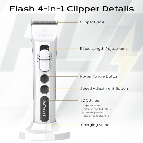 Flash 4-in-1 clipper with labeled parts including blade, adjustments, buttons, LCD screen, and stand.