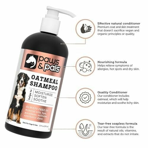 Paws & Pals oatmeal shampoo bottle with features listed.