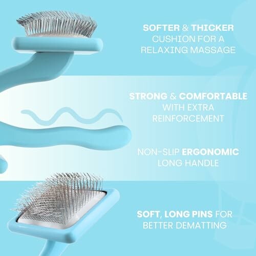 Pet grooming brush with soft cushion, ergonomic handle, and long pins for dematting.