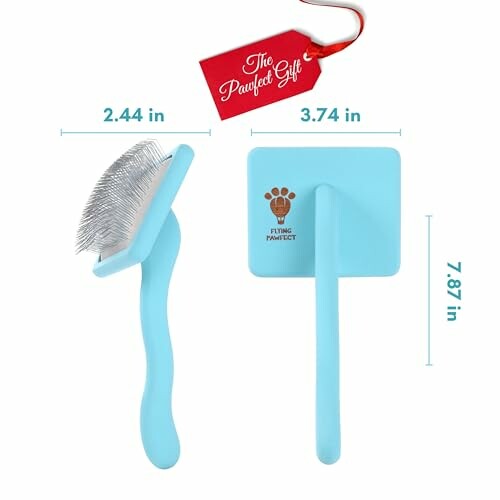 Blue pet grooming brush with dimensions and gift tag