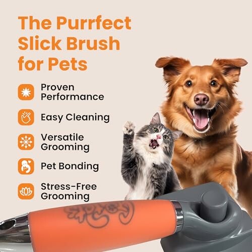 Dog and cat with pet grooming brush, benefits listed.