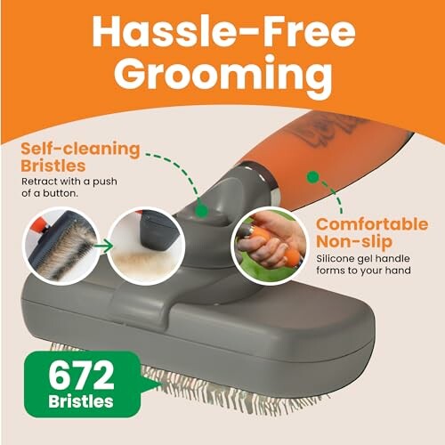 Pet grooming brush with self-cleaning bristles and comfortable non-slip handle.