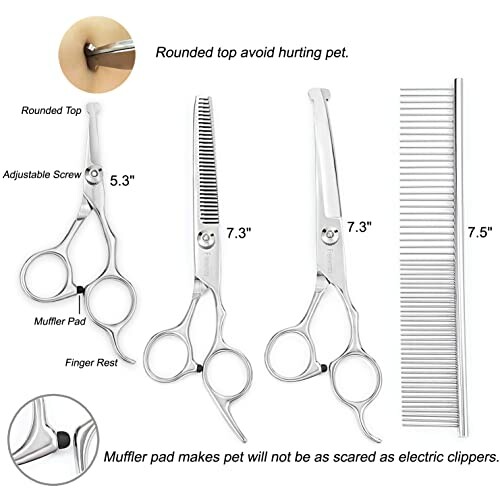 Pet grooming scissors and comb set with rounded tips and adjustable screw.