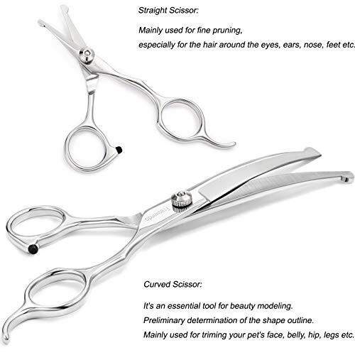 Straight and curved pet grooming scissors.