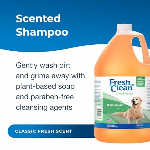 Bottle of Fresh 'n Clean scented shampoo with dog image.