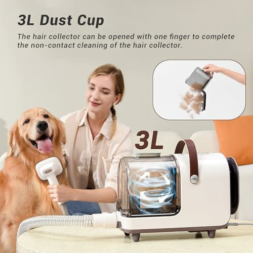 Woman using vacuum cleaner on dog with 3L dust cup feature.